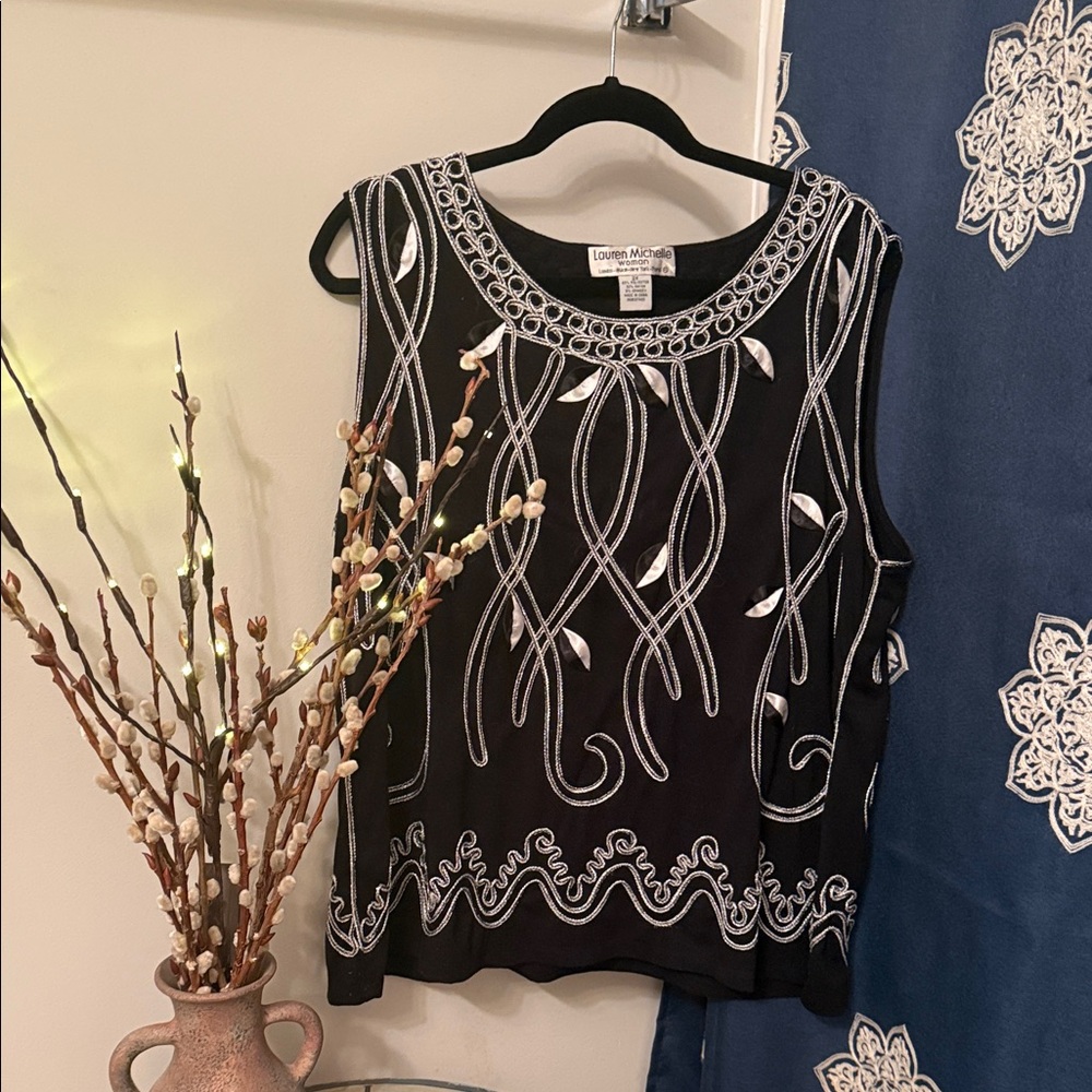 Lauren Michelle Black Top with White Embroidery